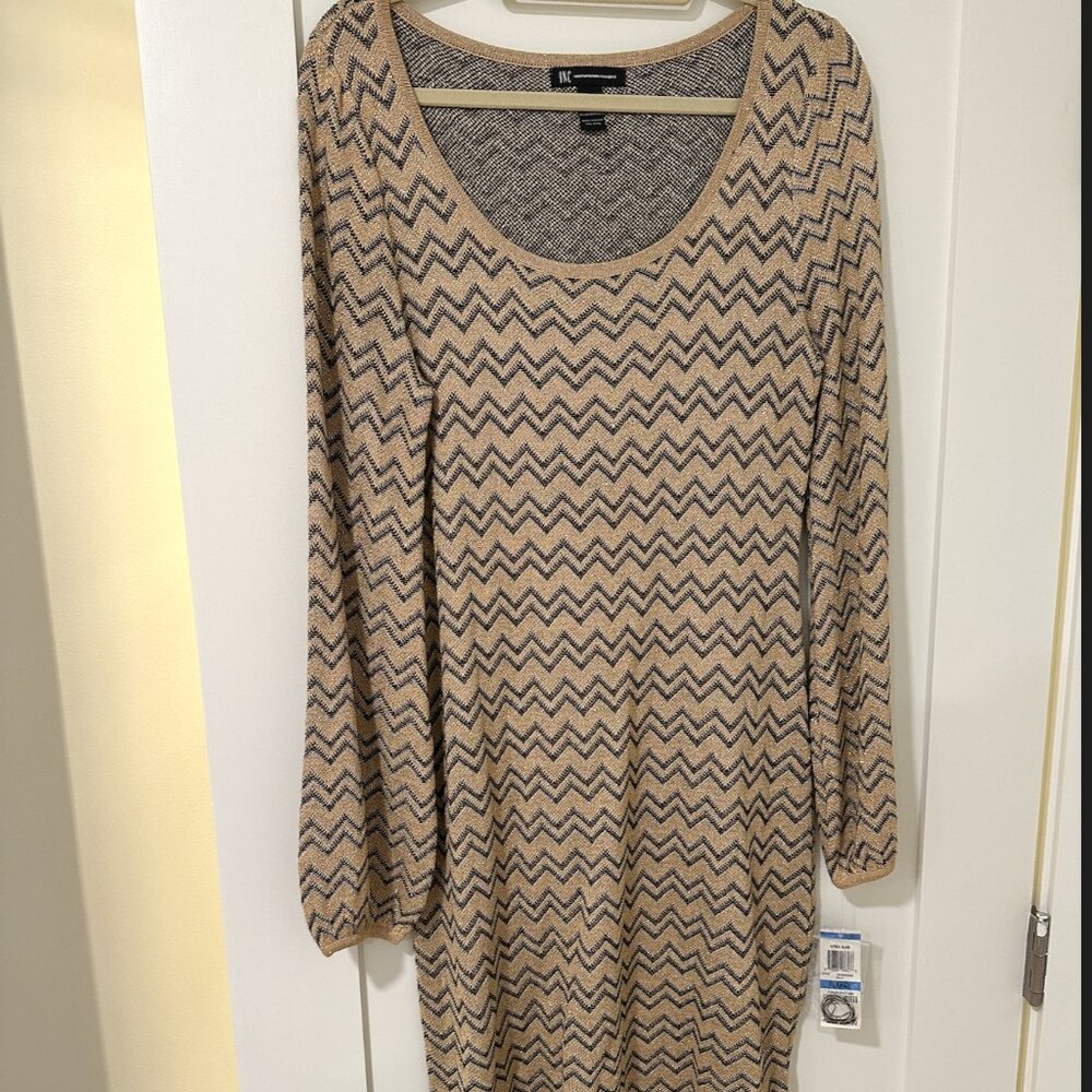 NWT I.N.C Women's Gold/Black Long Sleeve Printed Bodycon Sweater Dress Size XL